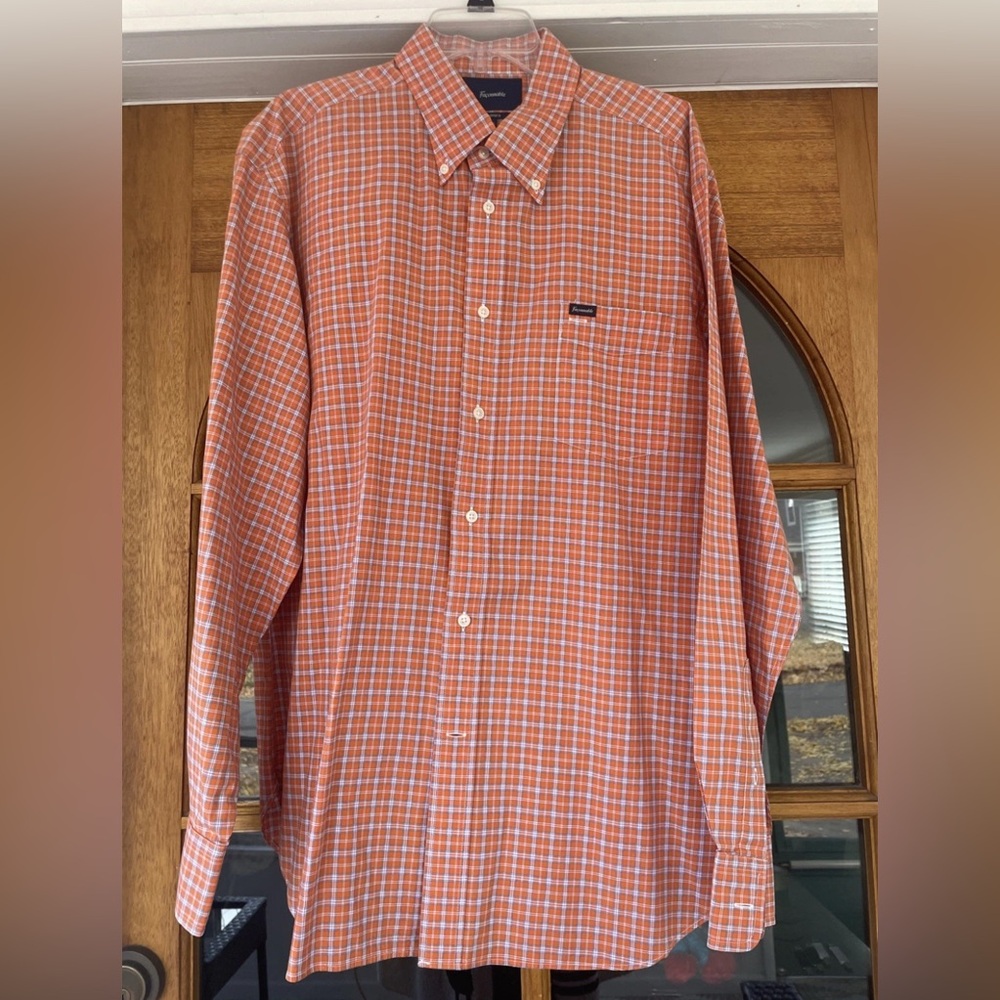 Faconnable Men’s Long Sleeve Button Down Orange And Blue Plaid Classsique XXL